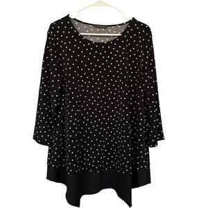 Adrianna Papell Shirt Womens Large Black White Polka Dot Tunic 3/4 Sleeve Top